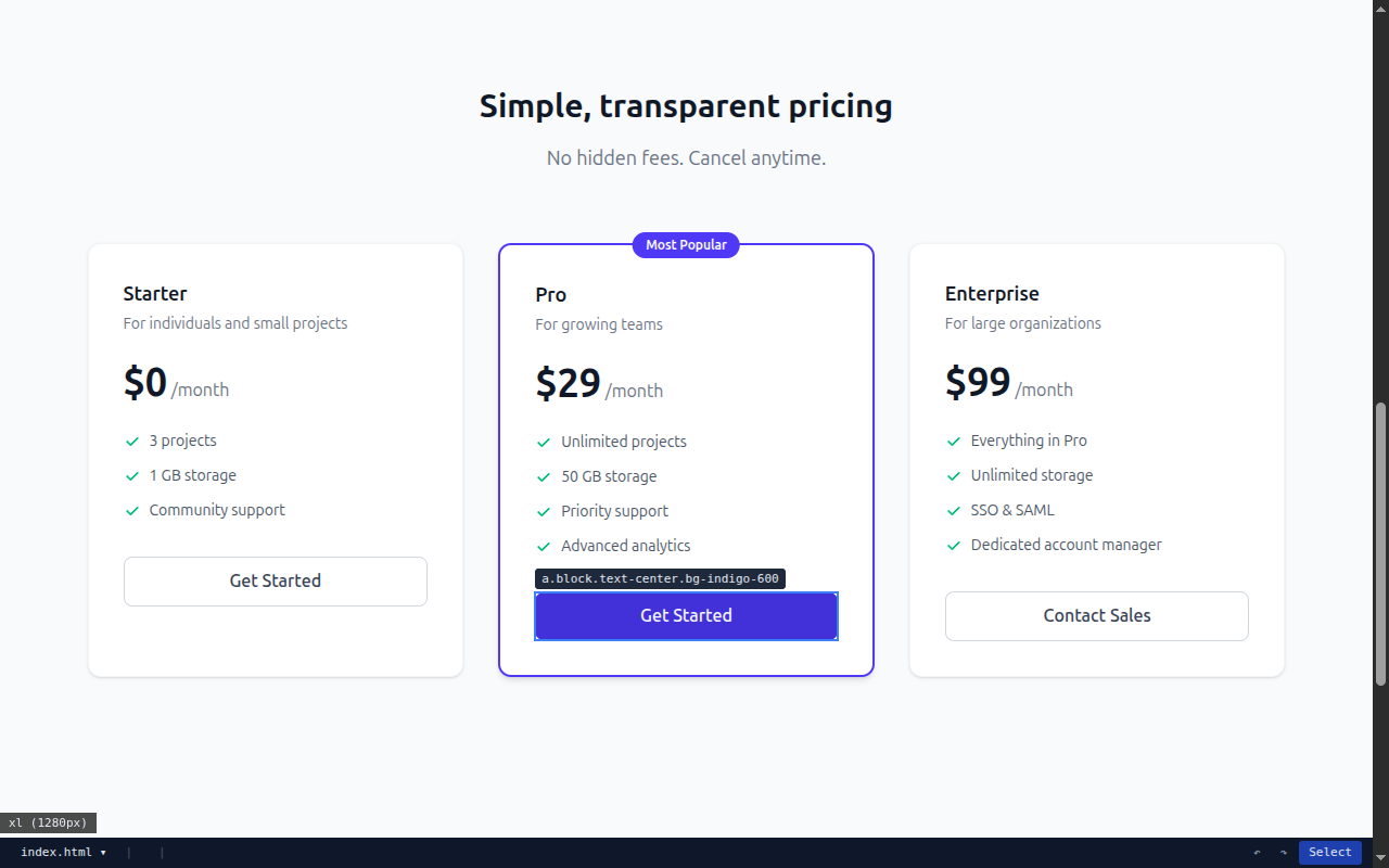 Hover highlighting shows tag and classes on mouseover