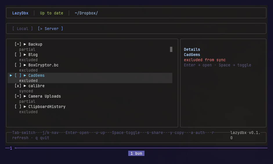 Server tab — browse full Dropbox via API with sync status